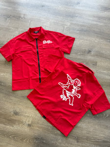 StyleGods Crop Zip up Shirt - Red\White