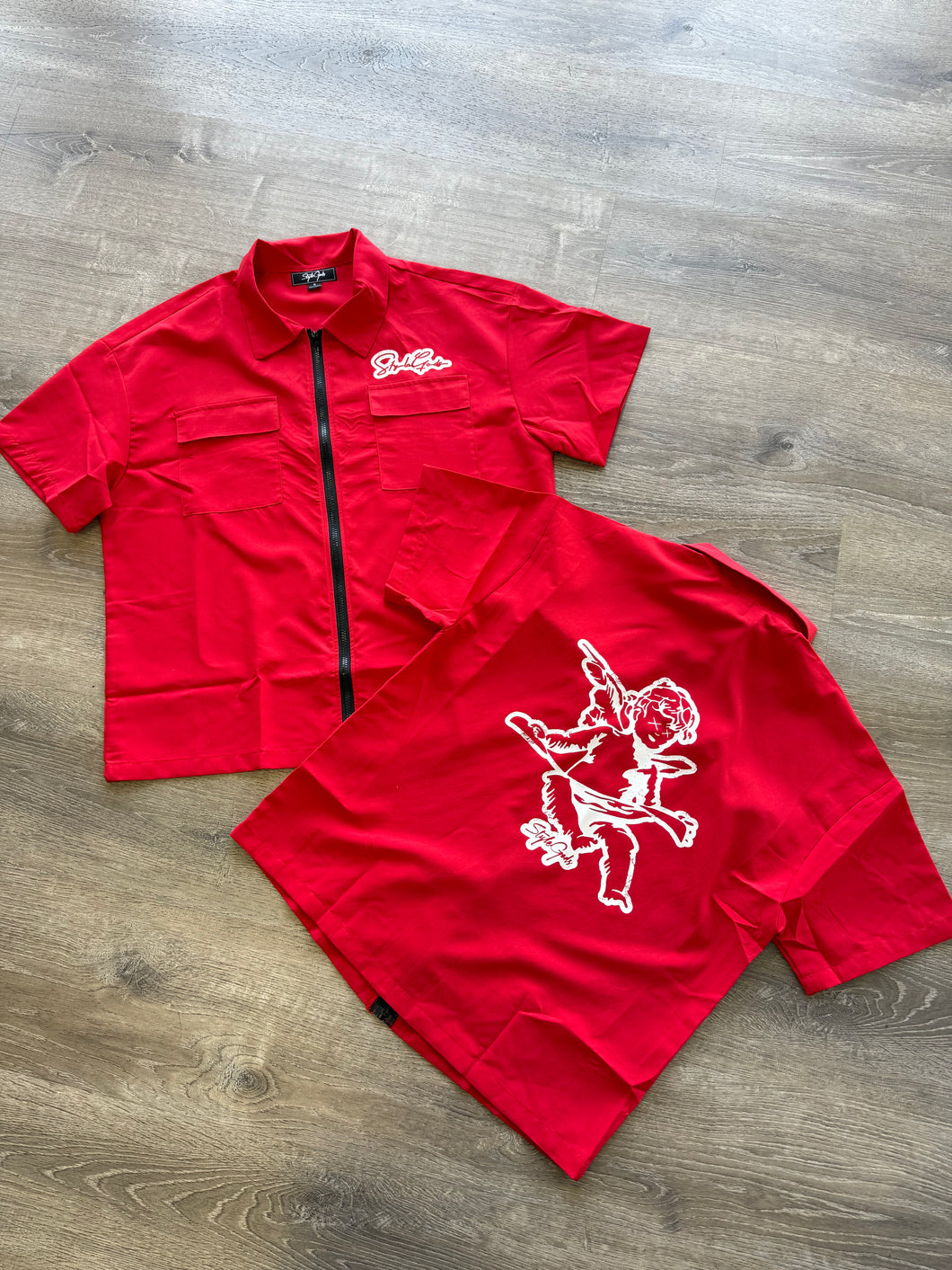 StyleGods Crop Zip up Shirt - Red\White