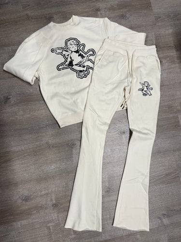 StyleGods Angel Crew Neck Stacked Jogging Suit - Off White\Black