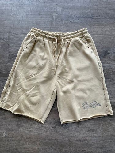 StyleGods Fleece RhineStone Shorts  - Beige