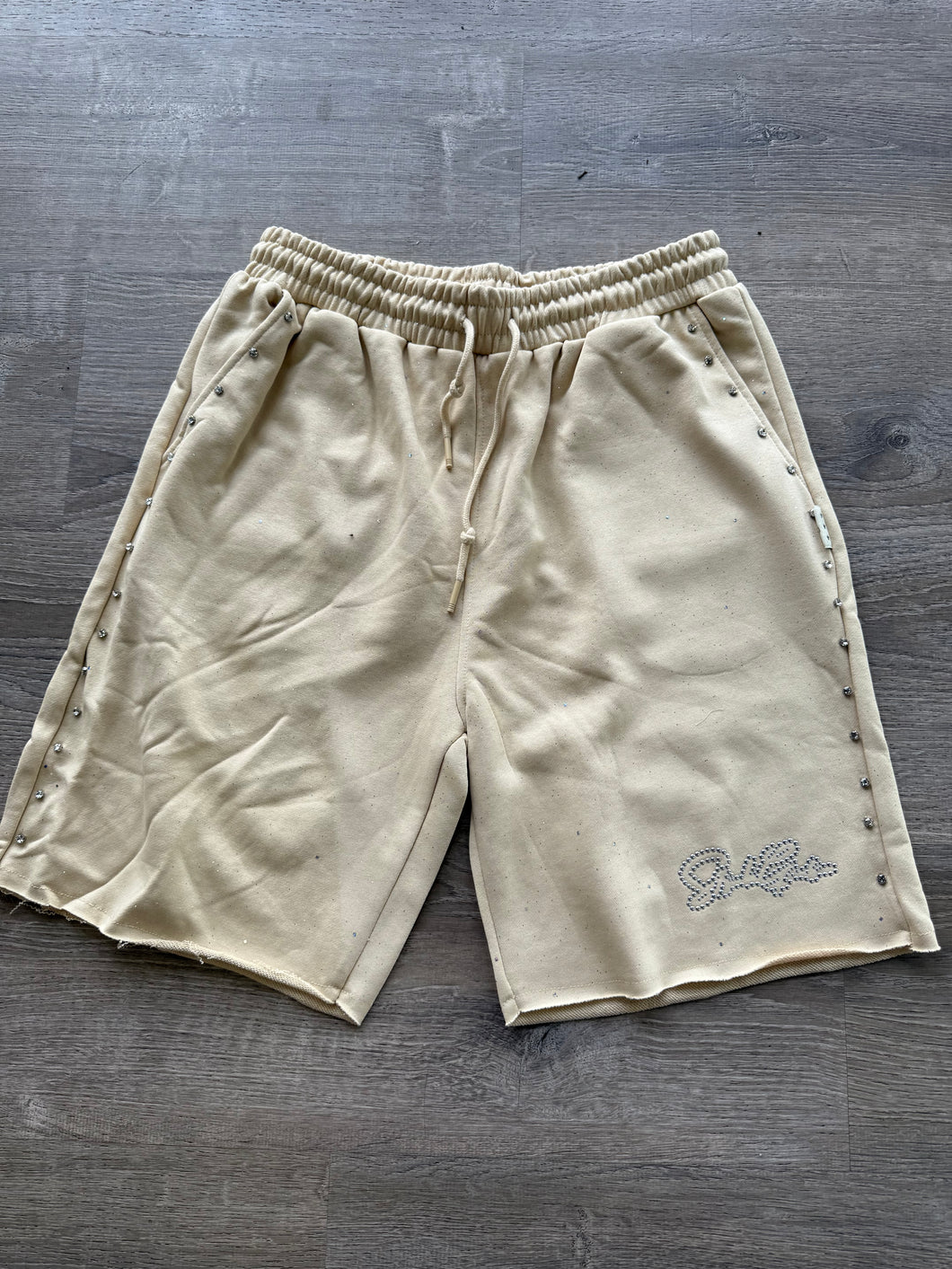 StyleGods Fleece RhineStone Shorts  - Beige