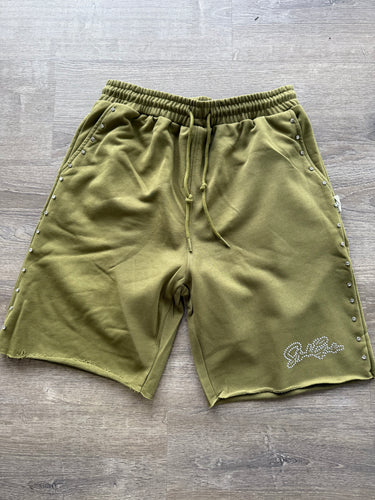 StyleGods Fleece RhineStone Shorts  - Olive