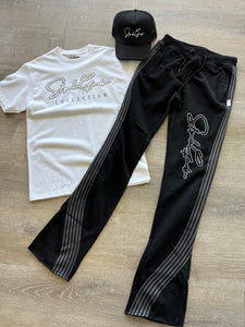 StyleGods Fleece Stacked 5 Joggers  White Nailhead Signature Script-Black\Grey