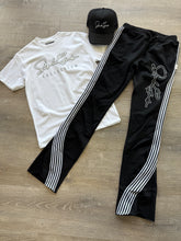 StyleGods Fleece Stacked 5 Joggers  White Nailhead Signature Script-Black\White