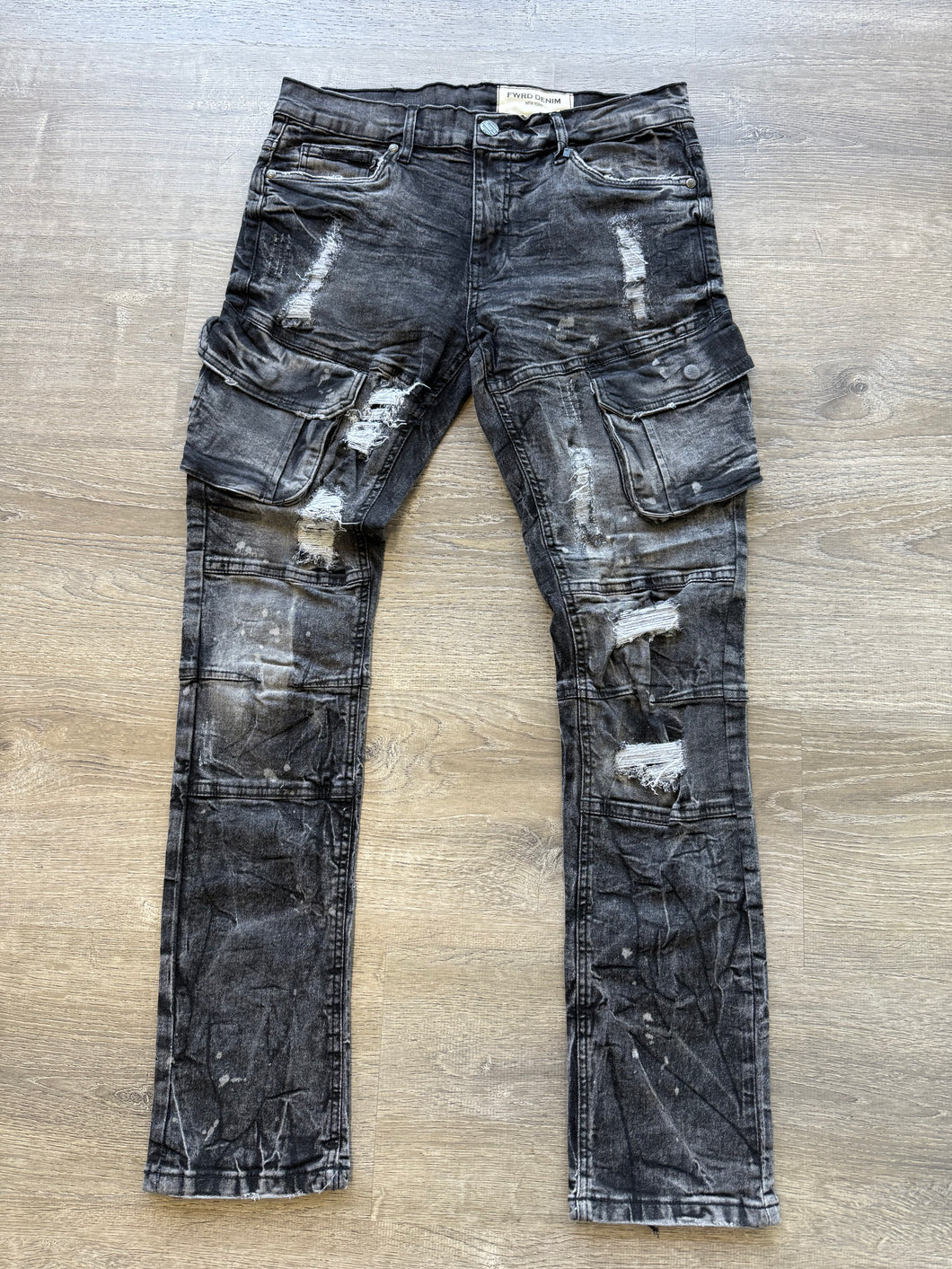 FWRD- Rip and Repair Denim Cargo  FW-330232a Washed Black
