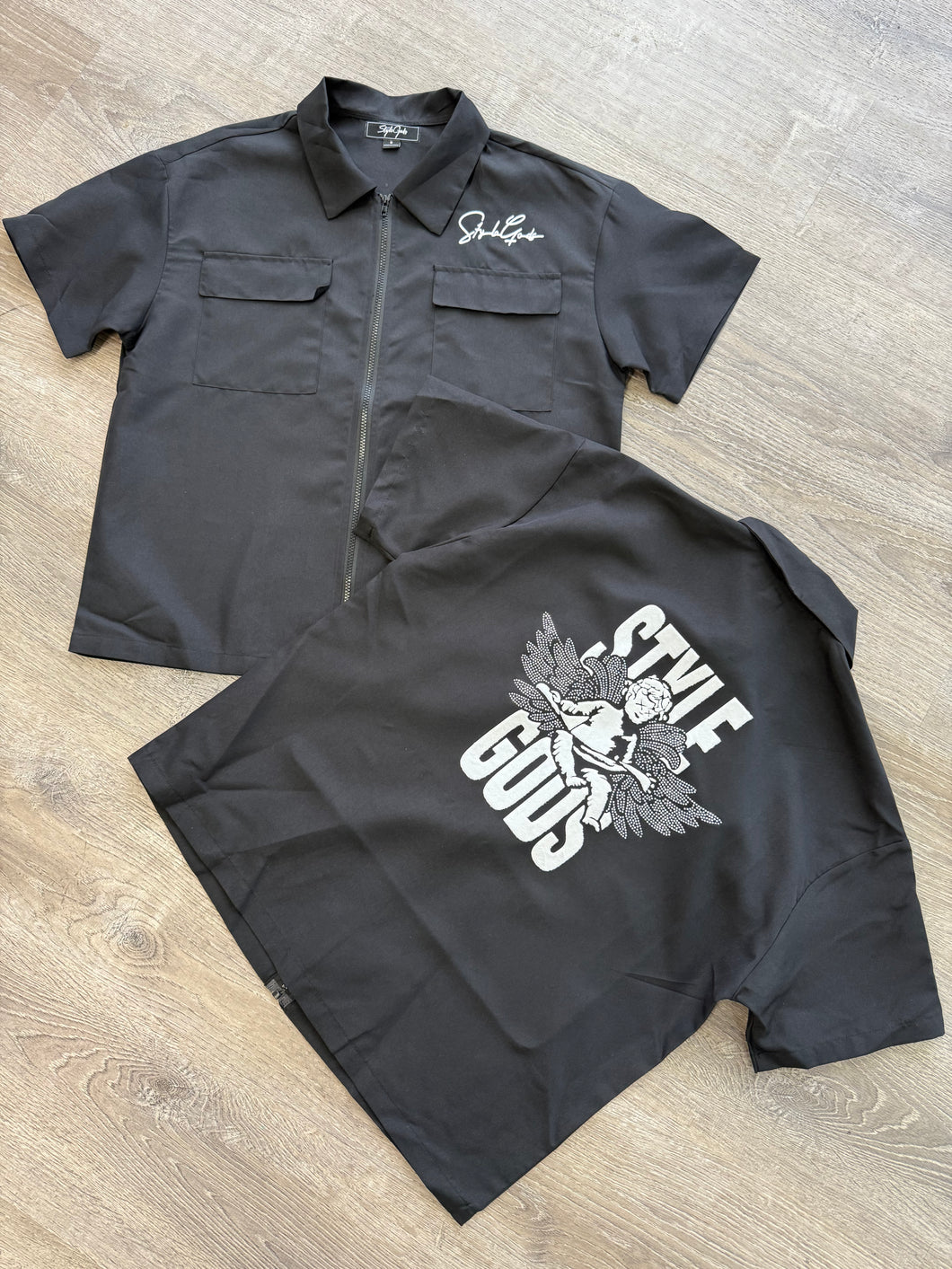 StyleGods Crop Zip up Shirt Signature Script- Black\White