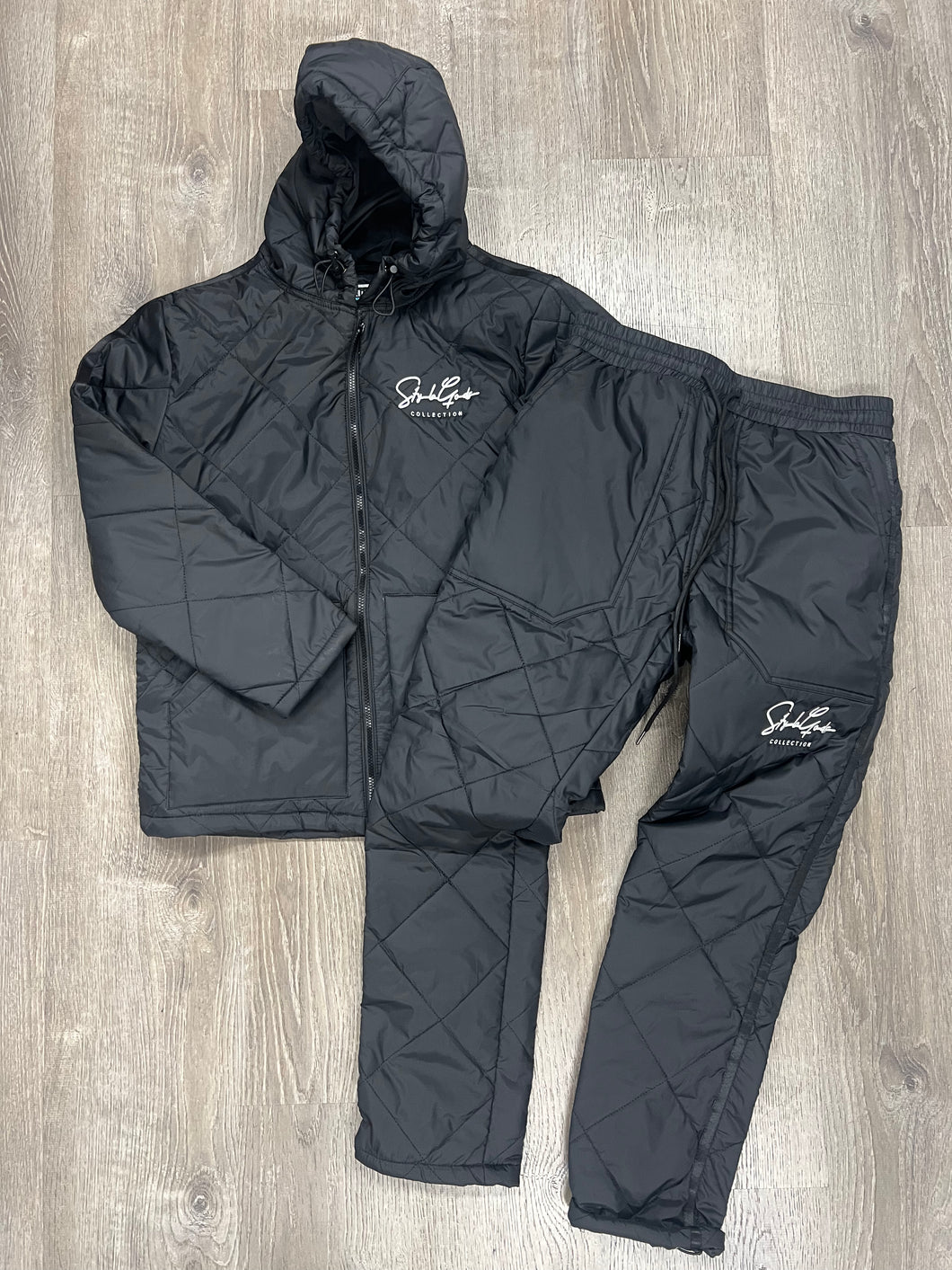 StyleGods Quilted Style Script Zip Up Jogging Suit - Black/White