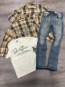StyleGods Style Script Flannel Trucker Jacket - Olive/Tan/Brown