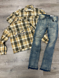 StyleGods Style Script Flannel Trucker Jacket - Olive/Tan/Brown