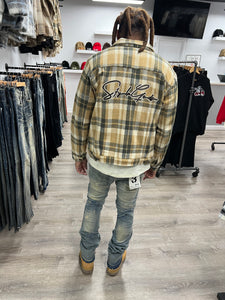 StyleGods Style Script Flannel Trucker Jacket - Olive/Tan/Brown