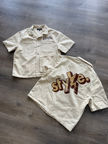 StyleGods Denim Crop Button up Shirt - Tan