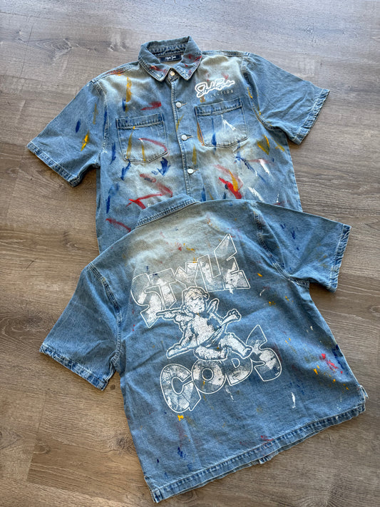 StyleGods Denim Crop Button up Shirt Paint Splatter - Light Blue\Multi