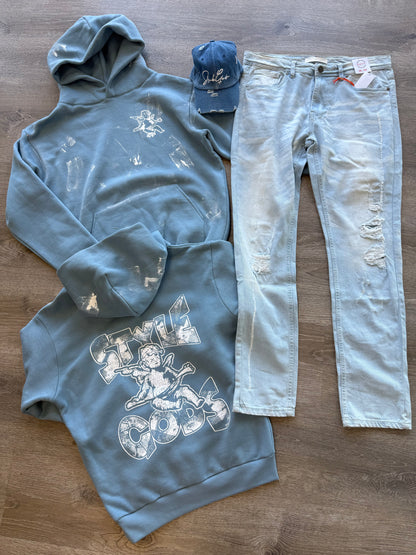 StyleGods Angel Paint Hooded SweatShirt - Denim Blue\White
