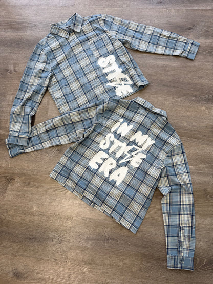 StyleGods Flannel Crop Shirt - Navy\White\Baby Blue