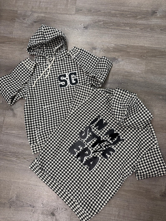 StyleGods Houndstooth Hoodie SweatShirt- White/Black