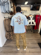 StyleGods Denim Crop Button up Shirt - Light Blue\Tan\Brown