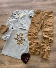 StyleGods Denim Crop Button up Shirt - Light Blue\Tan\Brown