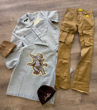 StyleGods Denim Crop Button up Shirt - Light Blue\Tan\Brown