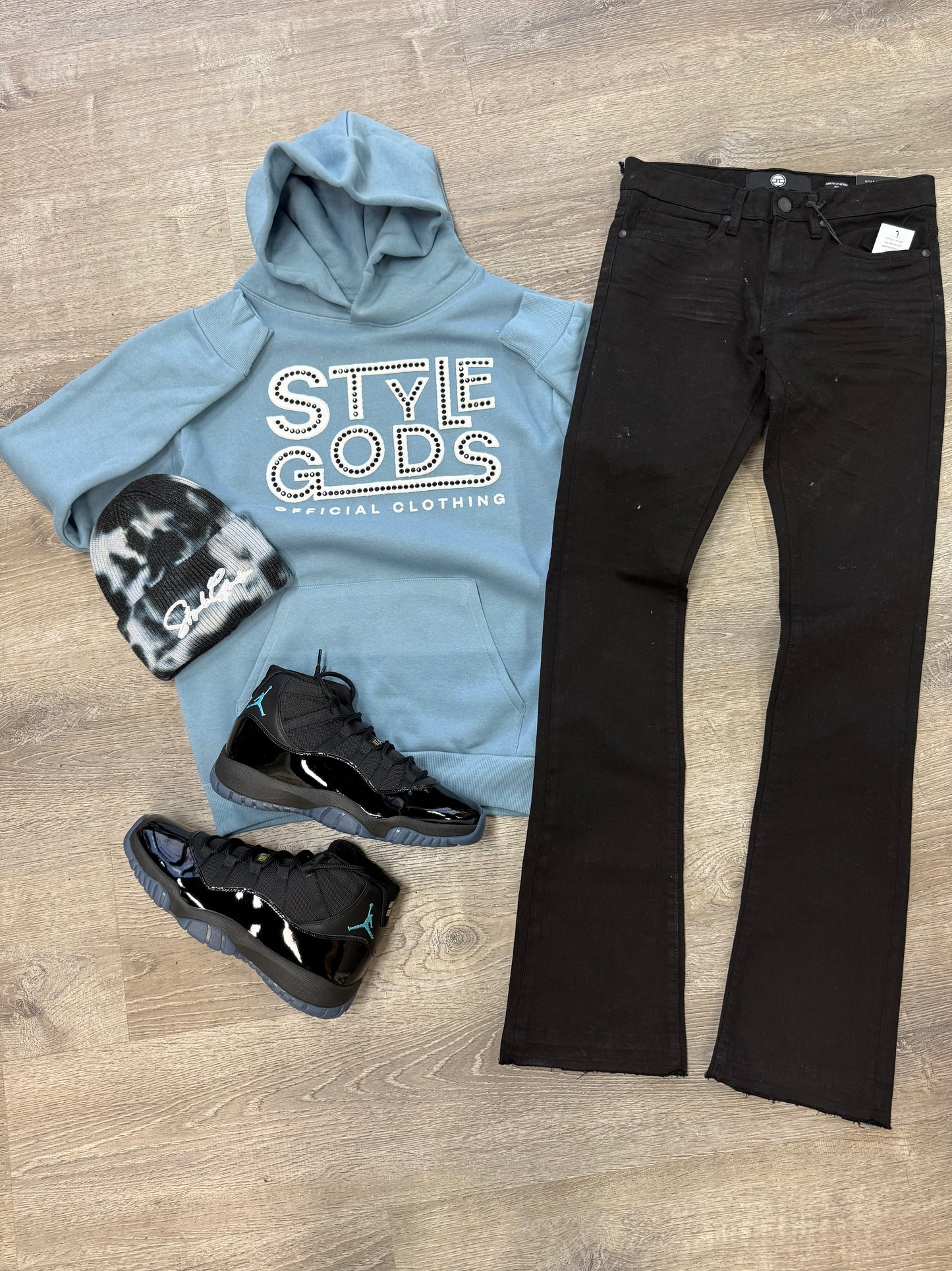 StyleGods Black RhineStone Oversized Hooded SweatShirt - Gamma Blue