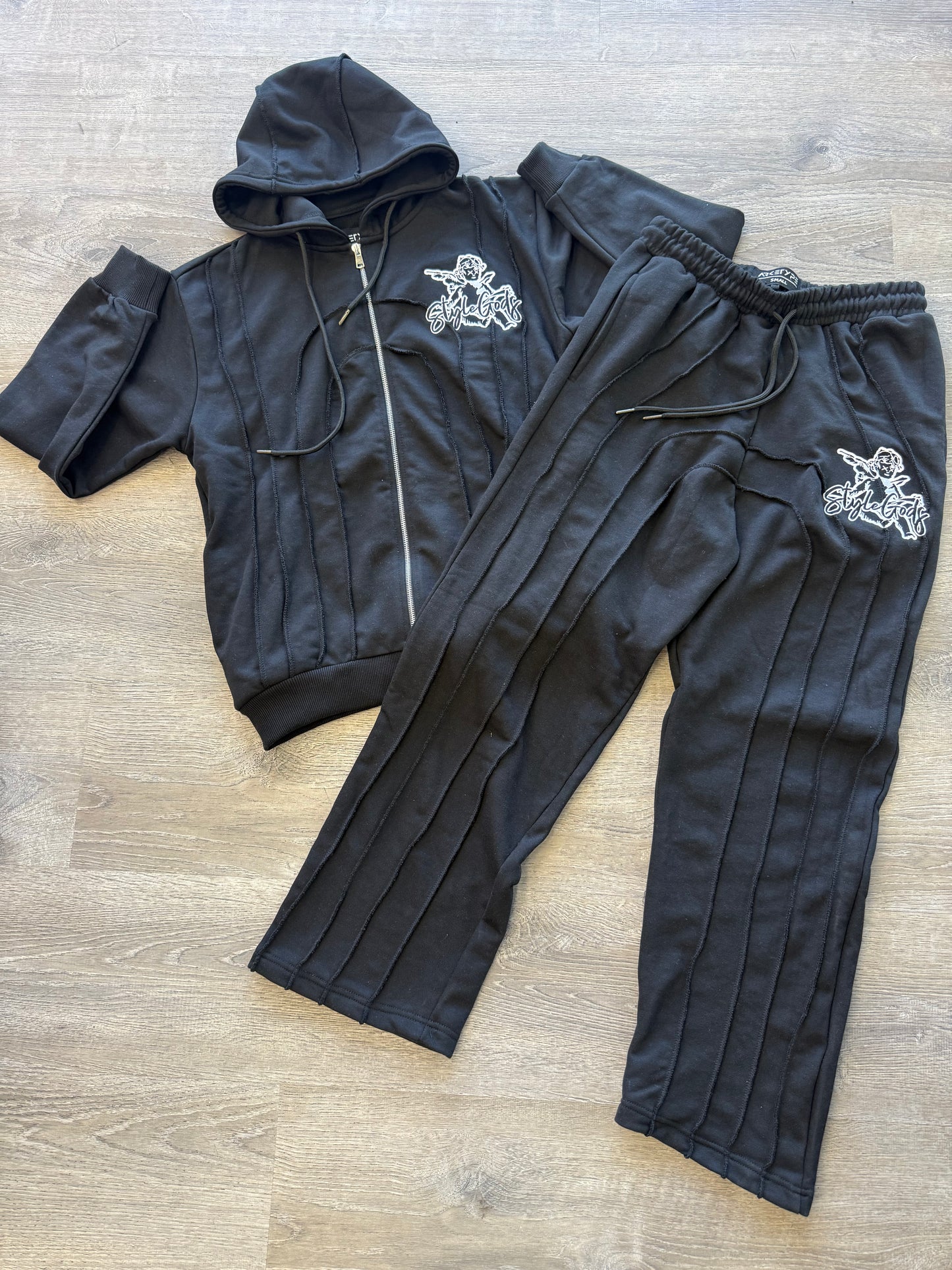 StyleGods Zip Up Wide Leg Jogging Suit - Black\White