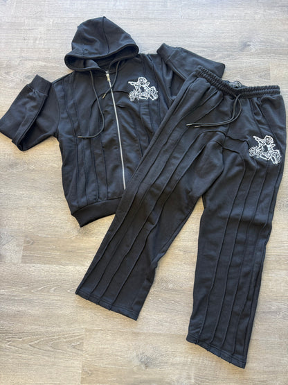 StyleGods Zip Up Wide Leg Jogging Suit - Black\White