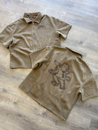 StyleGods Crop Zip up Shirt - Wash Brown