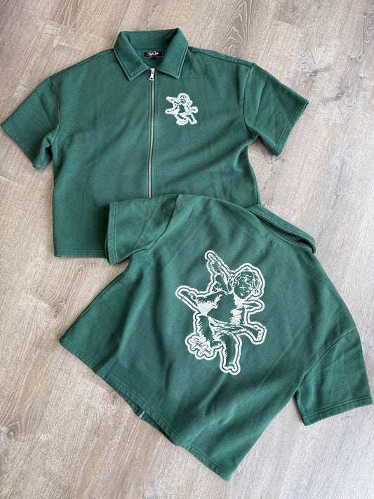 StyleGods Crop Zip up Shirt - Kelly Green