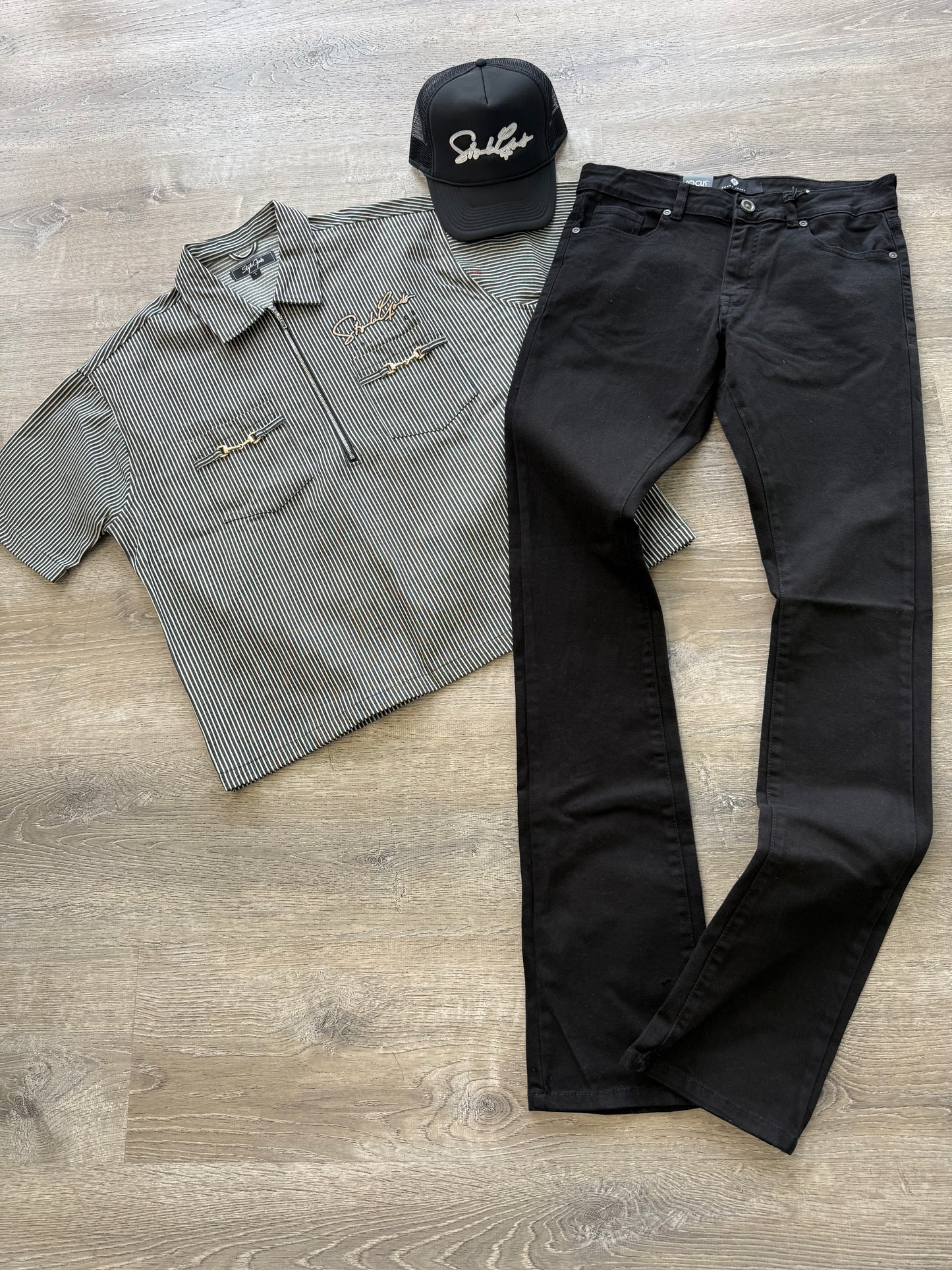 StyleGods Denim Crop Quarter Zip - Black/White