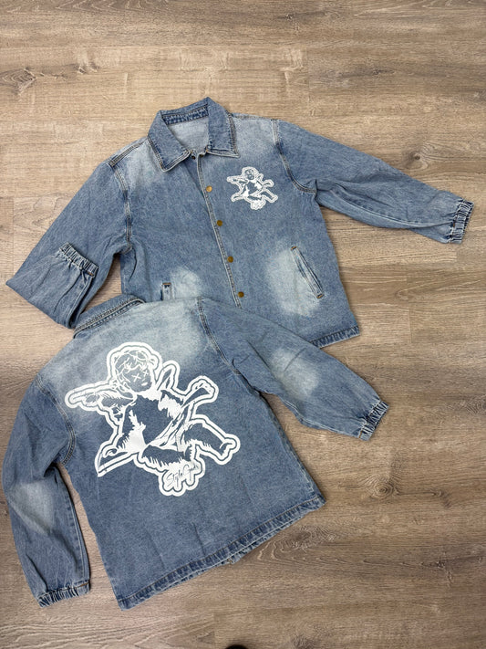 StyleGods Denim Angel Coach Jacket - Denim\White