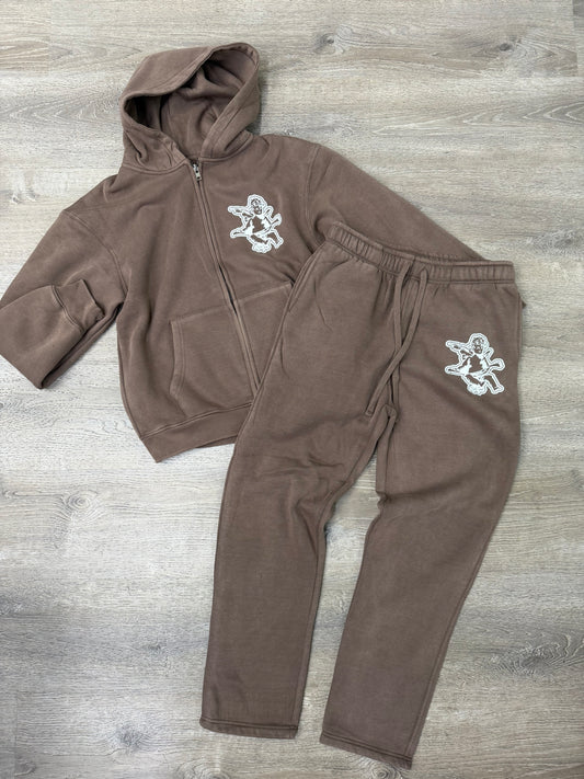 StyleGods Zip Up Over Sized Jogging Suit Brown