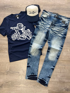 StyleGods Outline Script Angel Tee - Navy
